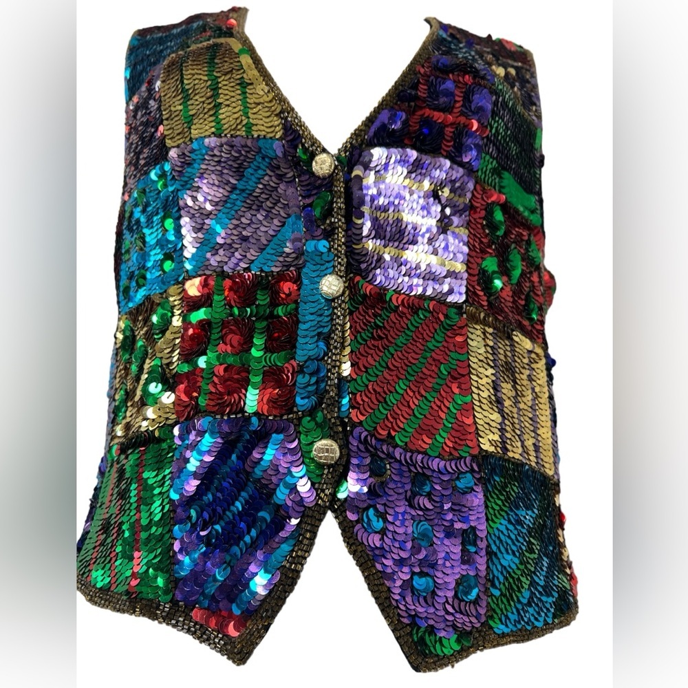 Modi Vintage Fully Sequined & Beaded Funky Festival Disco Silk Vest & Short Set - Picture 6 of 13
